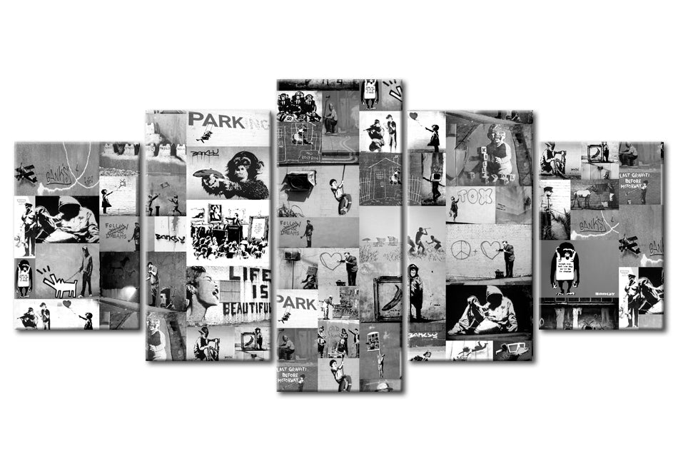 Stretched Canvas Street Art - Banksy Collage Black & White - 5 Pieces