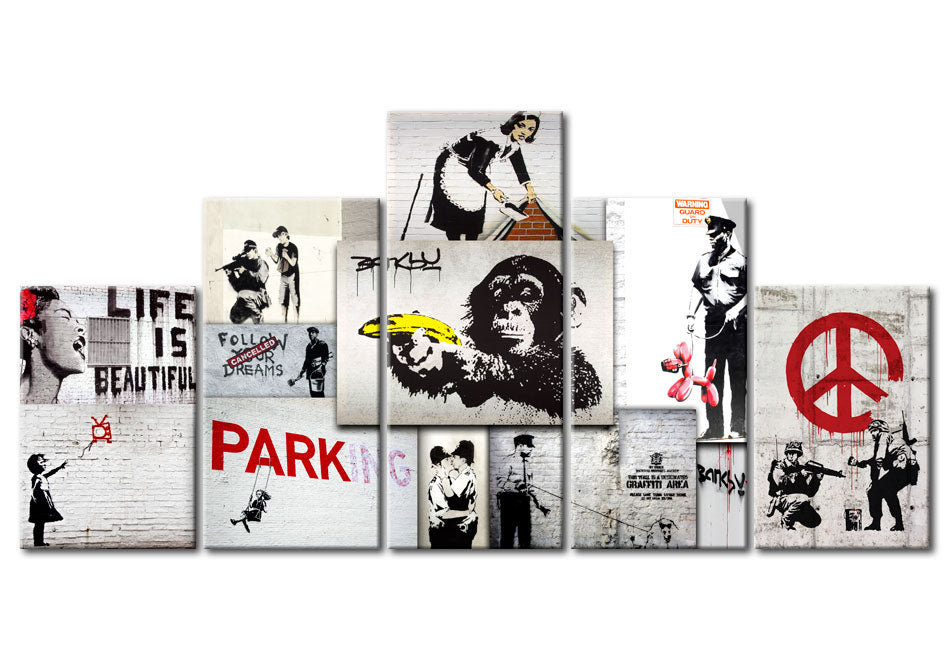 Stretched Canvas Street Art - Banksy Street Crimes Collage - 5 Pieces