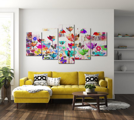 Floral Canvas Wall Art - Abstract Tulips In The Rain - 5 Pieces