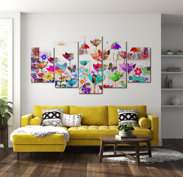 Floral Canvas Wall Art - Abstract Tulips In The Rain - 5 Pieces