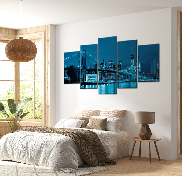 Stretched Canvas Wall Art - Blue Manhattan Night - 5 Pieces