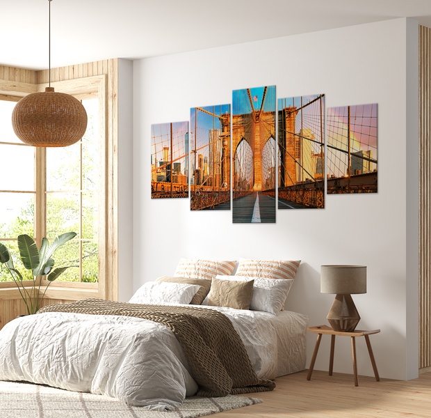 Stretched Canvas Wall Art - Brooklyn Bridge Flag - 5 Pieces