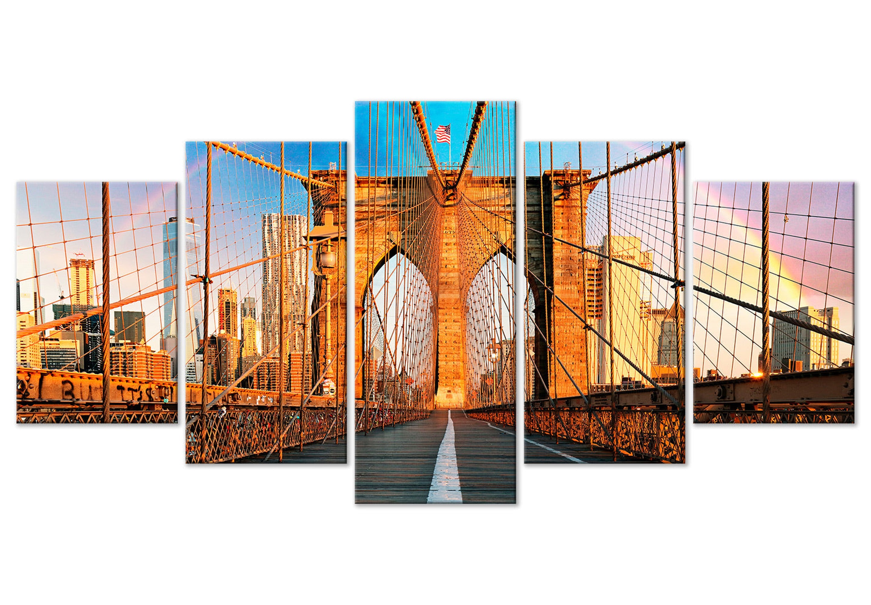 Stretched Canvas Wall Art - Brooklyn Bridge Flag - 5 Pieces