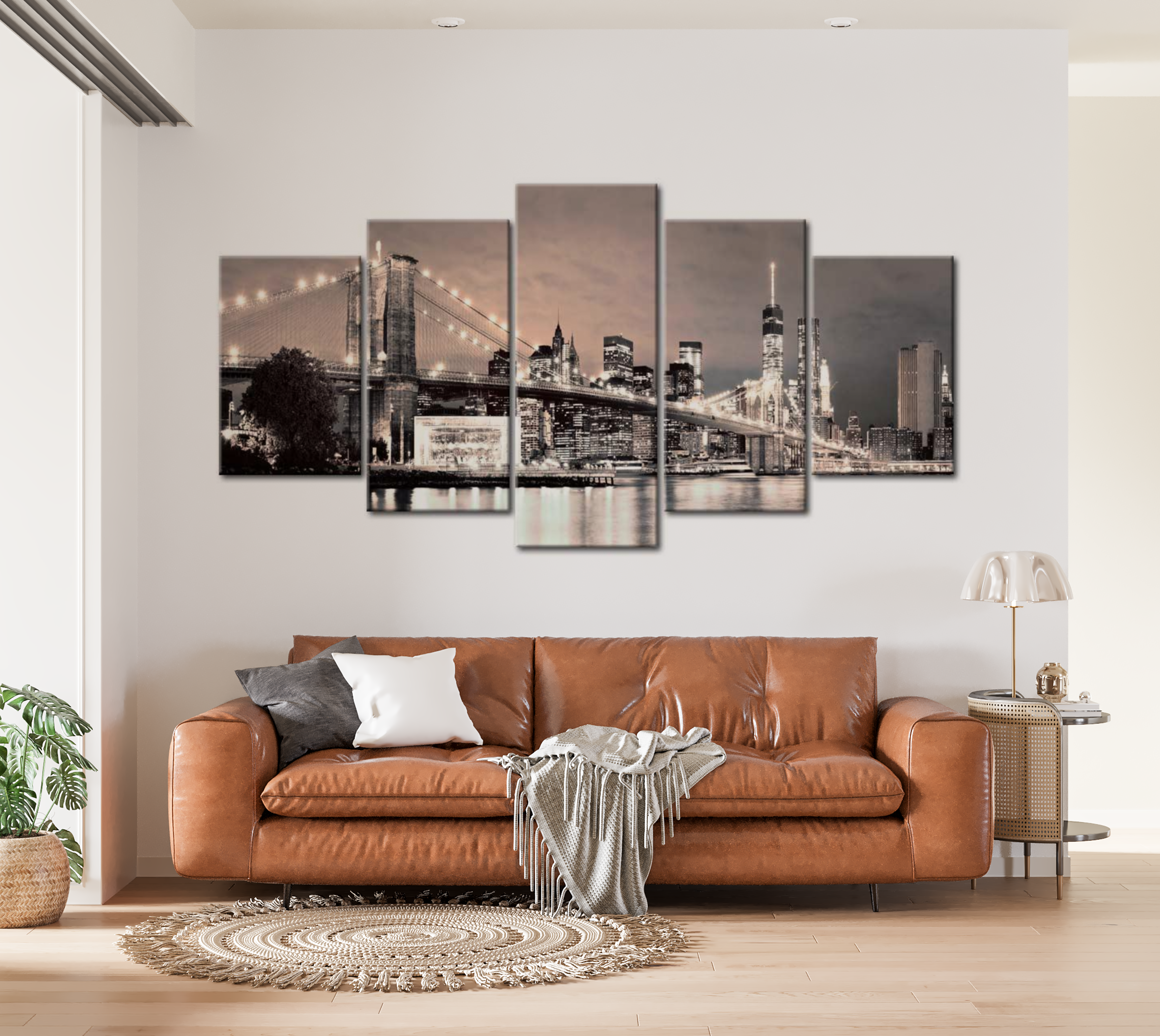 Stretched Canvas Wall Art - Brooklyn Bridge Twilight - 5 Pieces