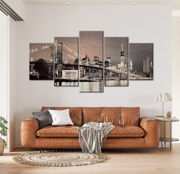Stretched Canvas Wall Art - Brooklyn Bridge Twilight - 5 Pieces