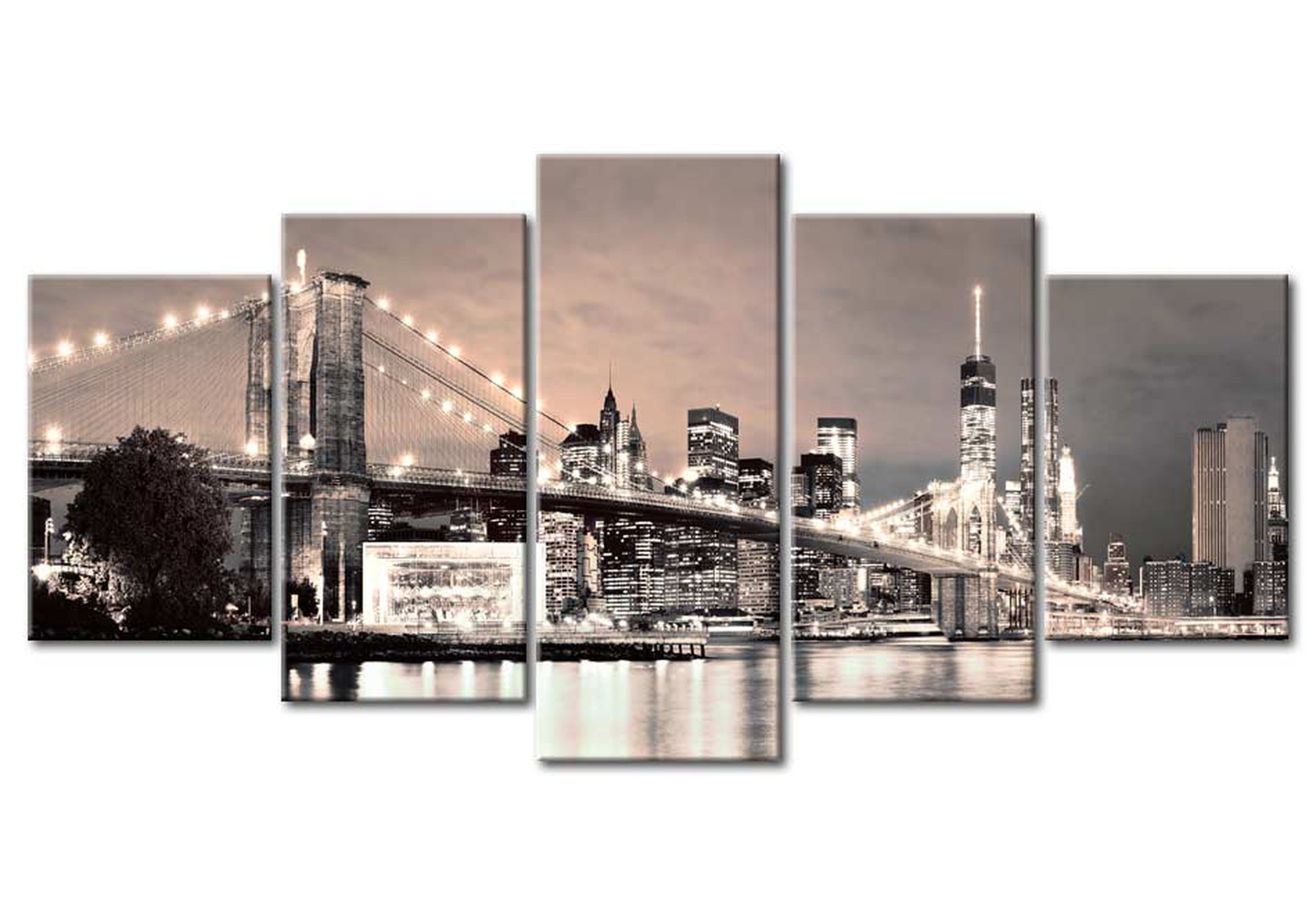 Stretched Canvas Wall Art - Brooklyn Bridge Twilight - 5 Pieces