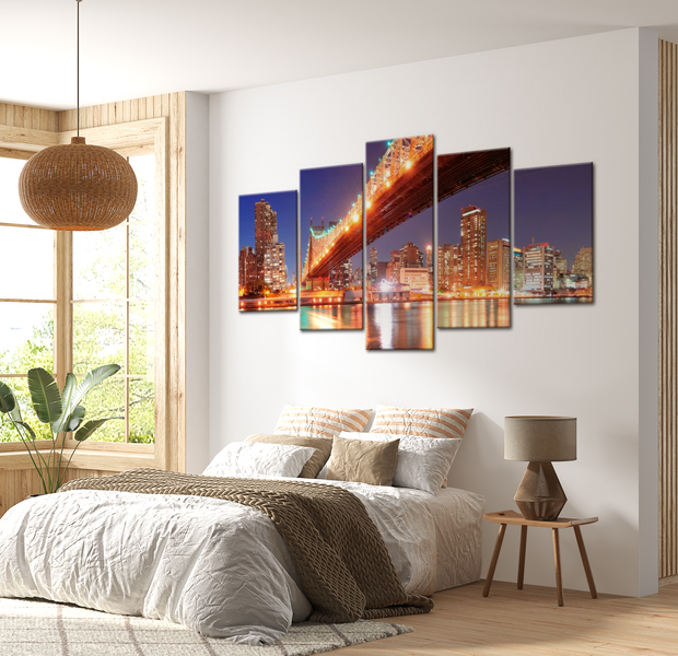 Stretched Canvas Wall Art - Golden Reflections NYC - 5 Pieces