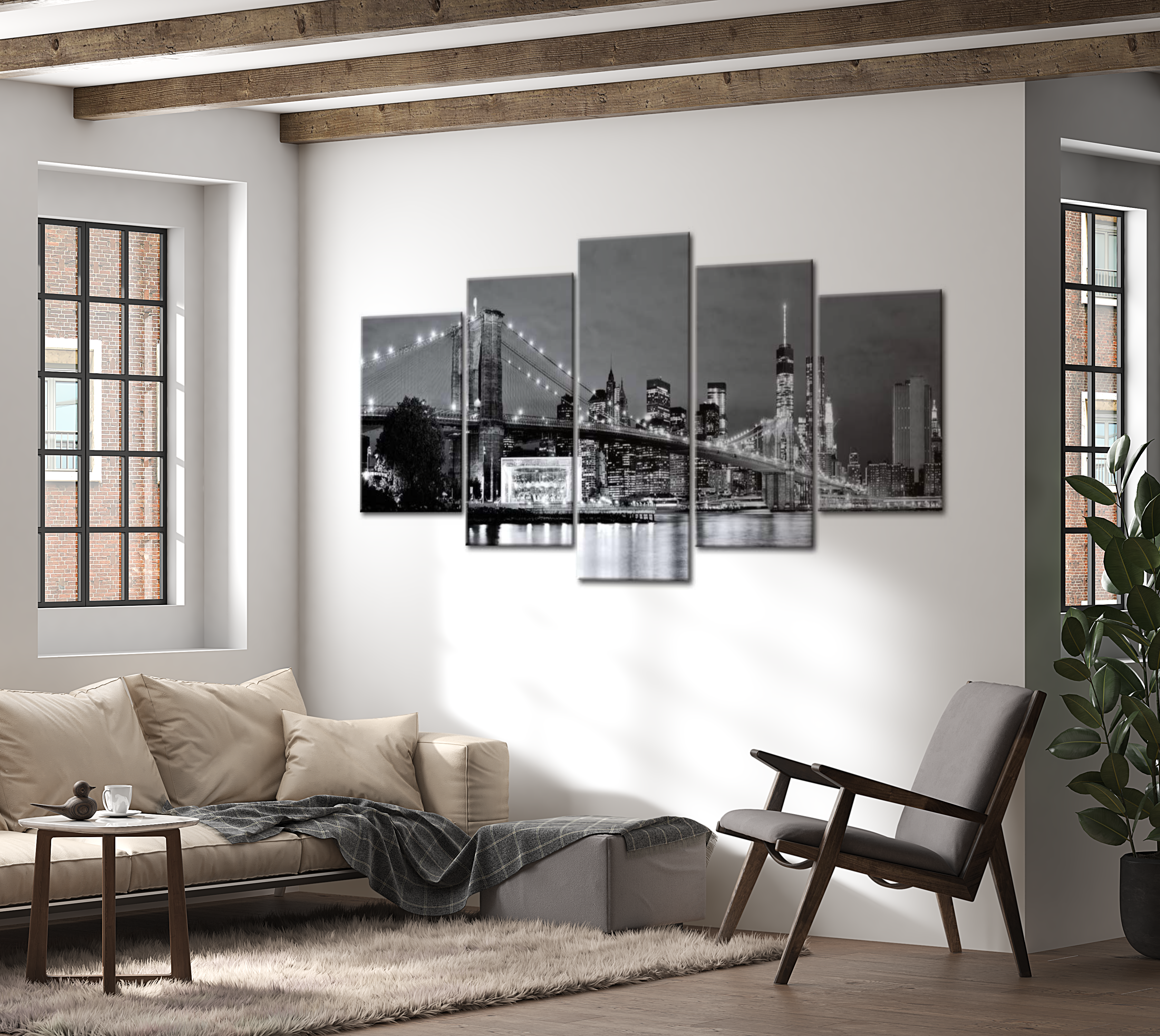 Stretched Canvas Wall Art - Grey Manhattan Night - 5 Pieces