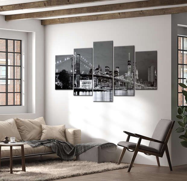 Stretched Canvas Wall Art - Grey Manhattan Night - 5 Pieces