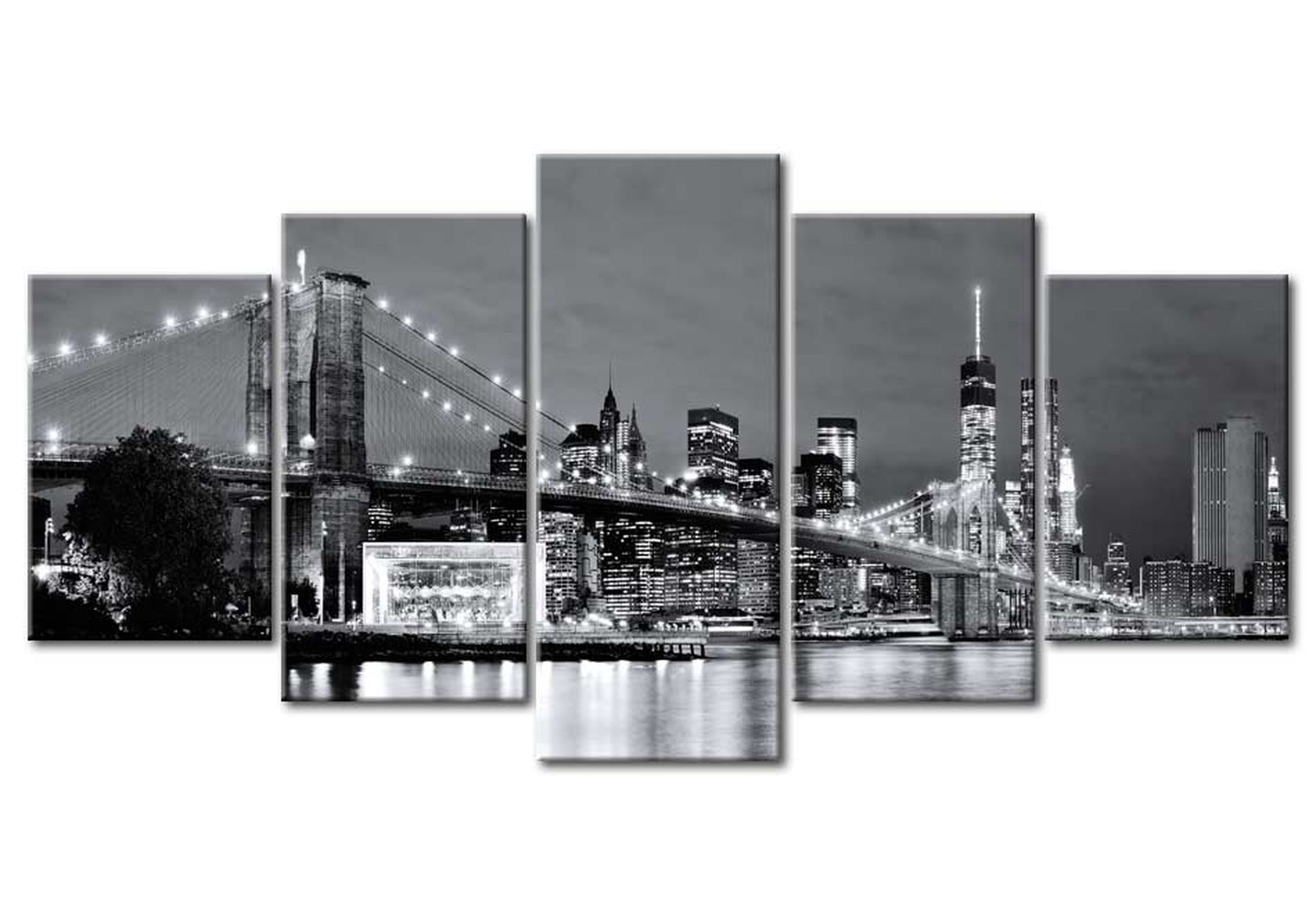 Stretched Canvas Wall Art - Grey Manhattan Night - 5 Pieces