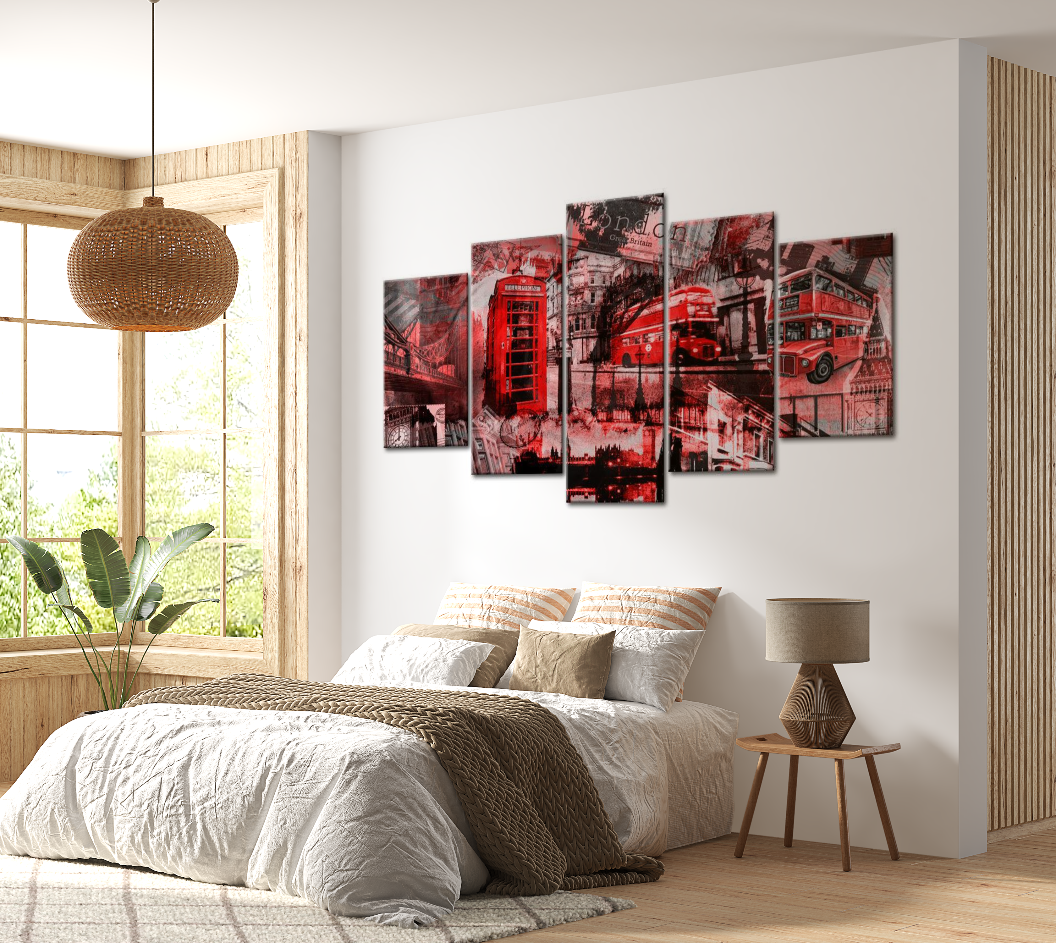 Stretched Canvas Wall Art - London Collage Red - 5 Pieces