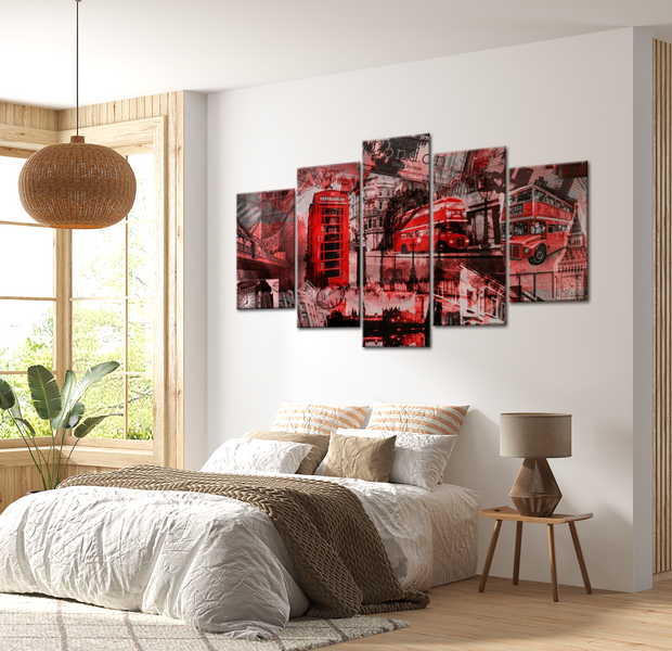 Stretched Canvas Wall Art - London Collage Red - 5 Pieces