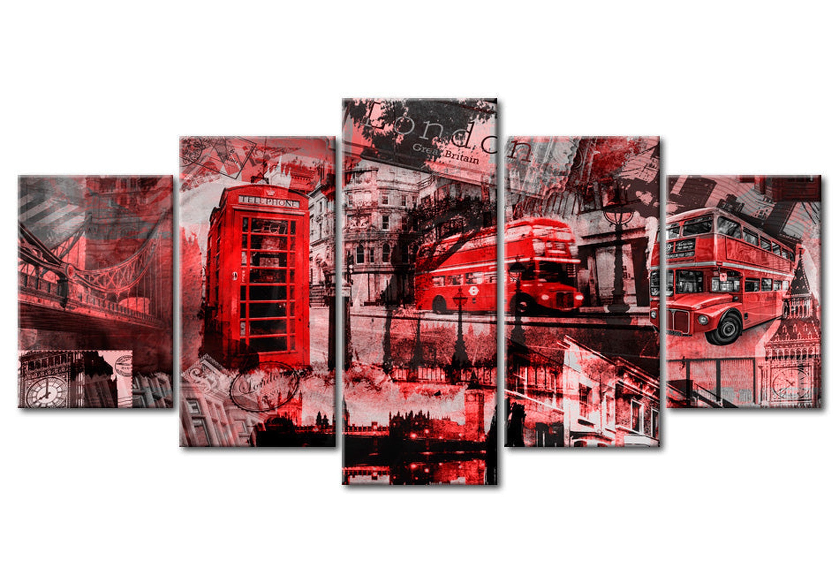 Stretched Canvas Wall Art - London Collage Red - 5 Pieces