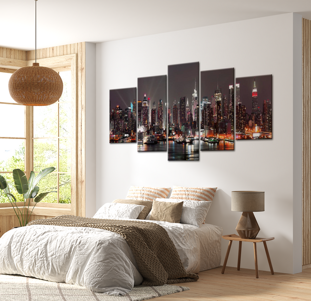 Stretched Canvas Wall Art - Manhattan At Night - 5 Pieces