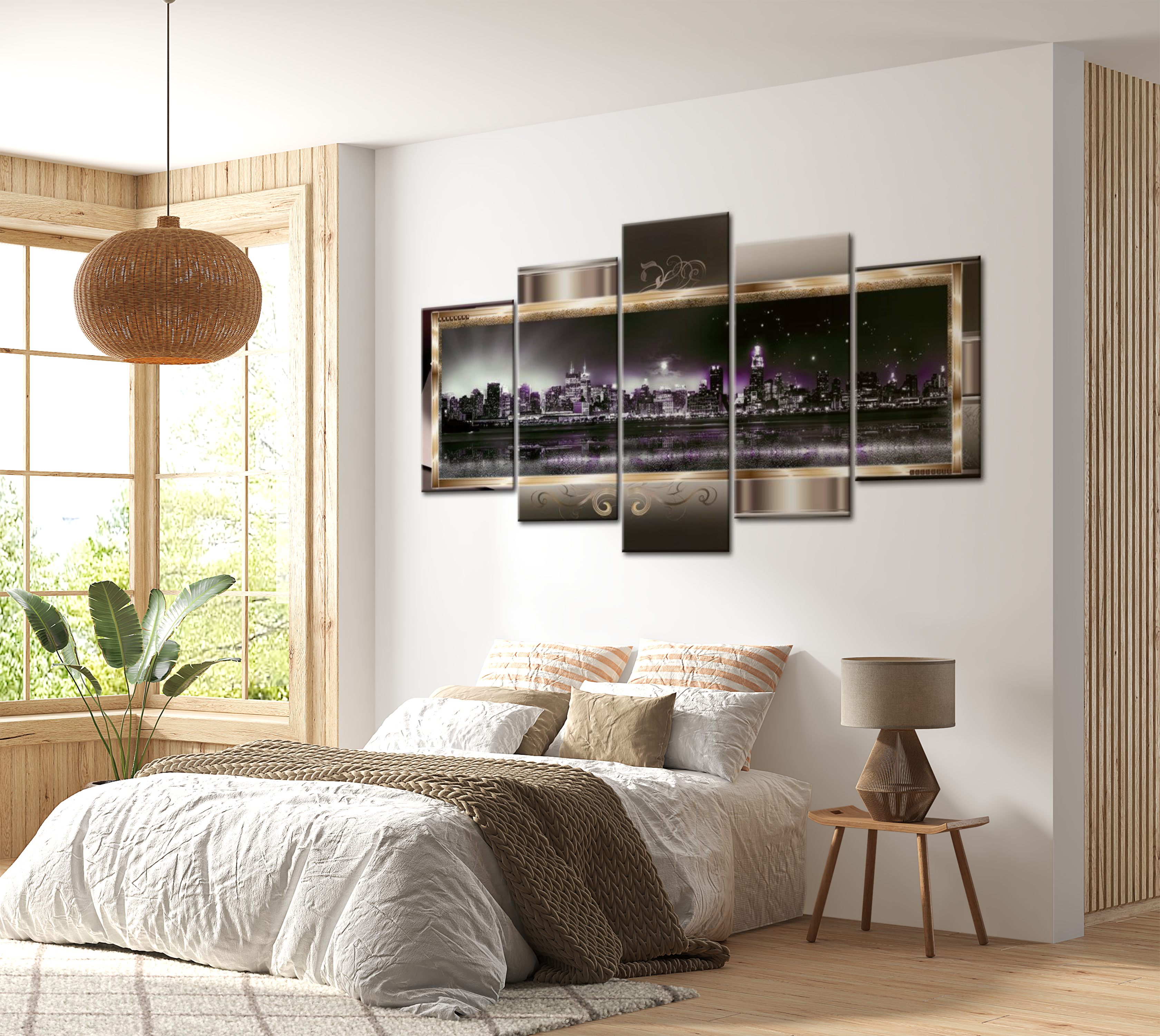 Stretched Canvas Wall Art - Modern Manhattan Night - 5 Pieces