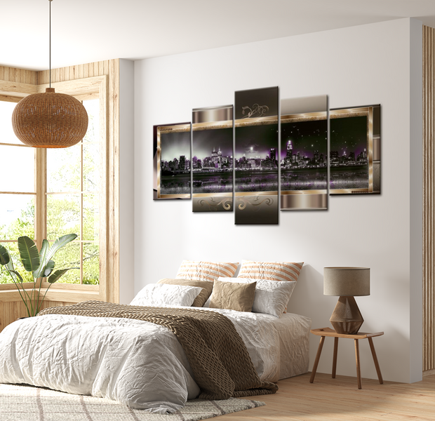 Stretched Canvas Wall Art - Modern Manhattan Night - 5 Pieces
