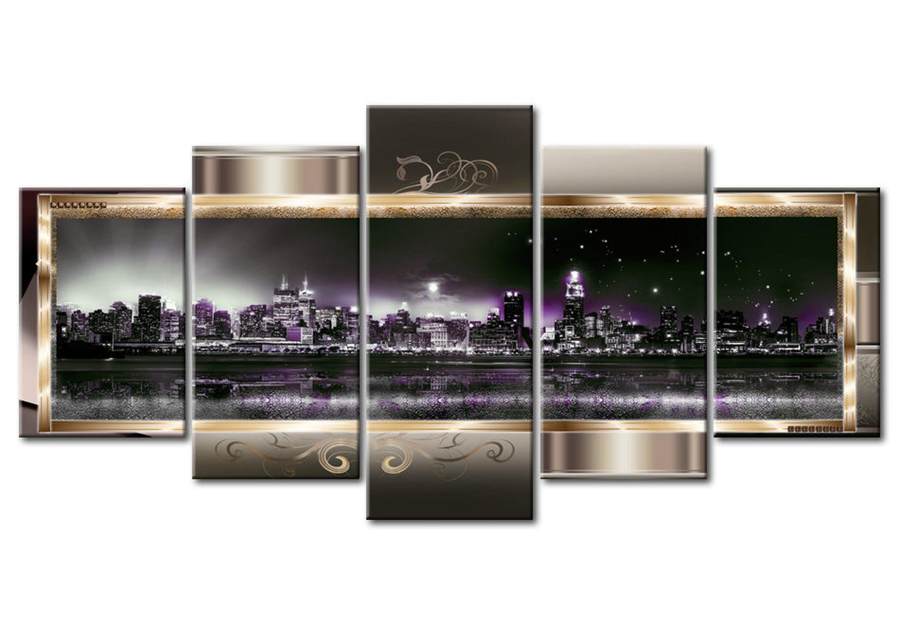 Stretched Canvas Wall Art - Modern Manhattan Night - 5 Pieces