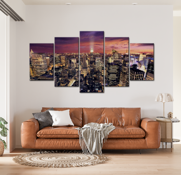 Stretched Canvas Wall Art - NYC Pink Sky - 5 Pieces