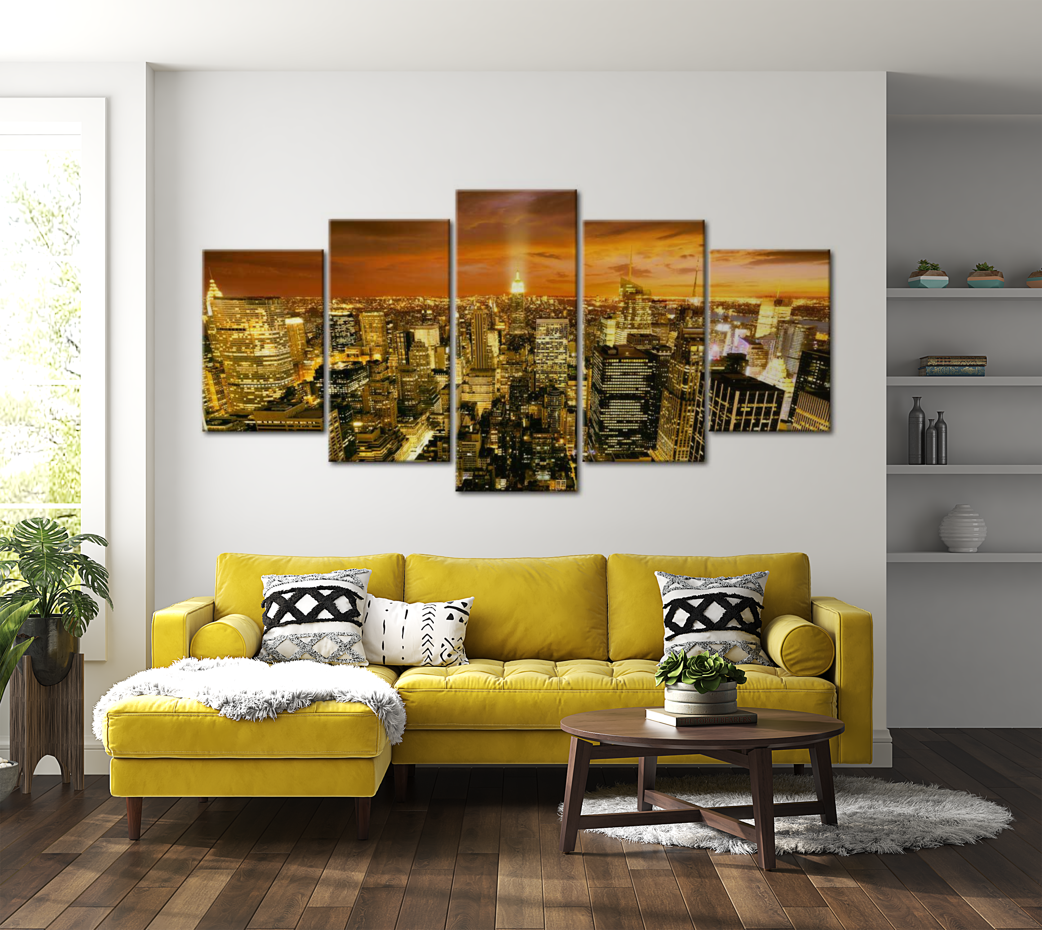 Stretched Canvas Wall Art - New York Golden City - 5 Pieces