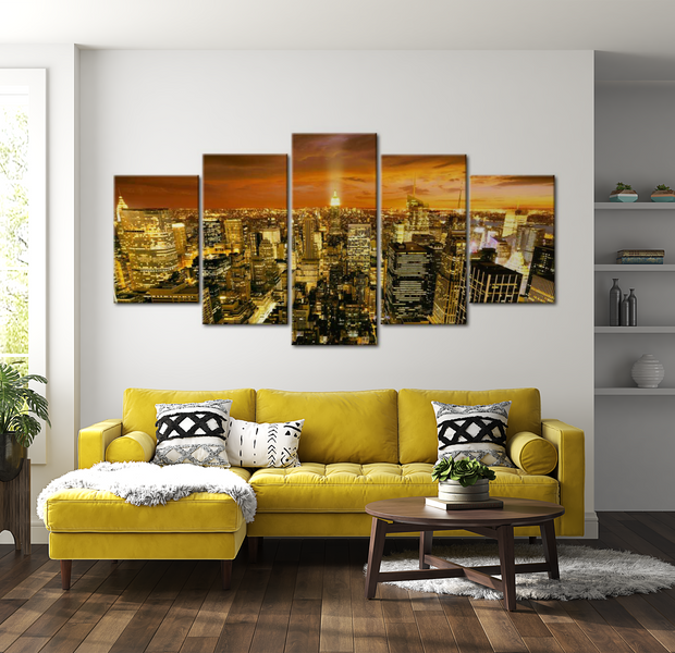 Stretched Canvas Wall Art - New York Golden City - 5 Pieces