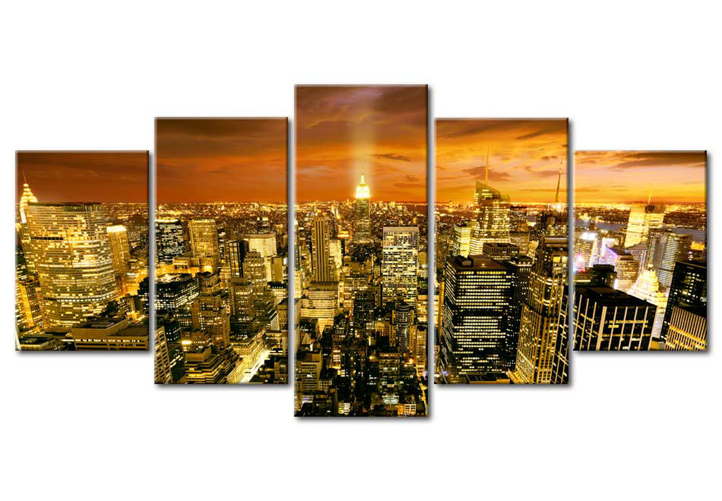 Stretched Canvas Wall Art - New York Golden City - 5 Pieces