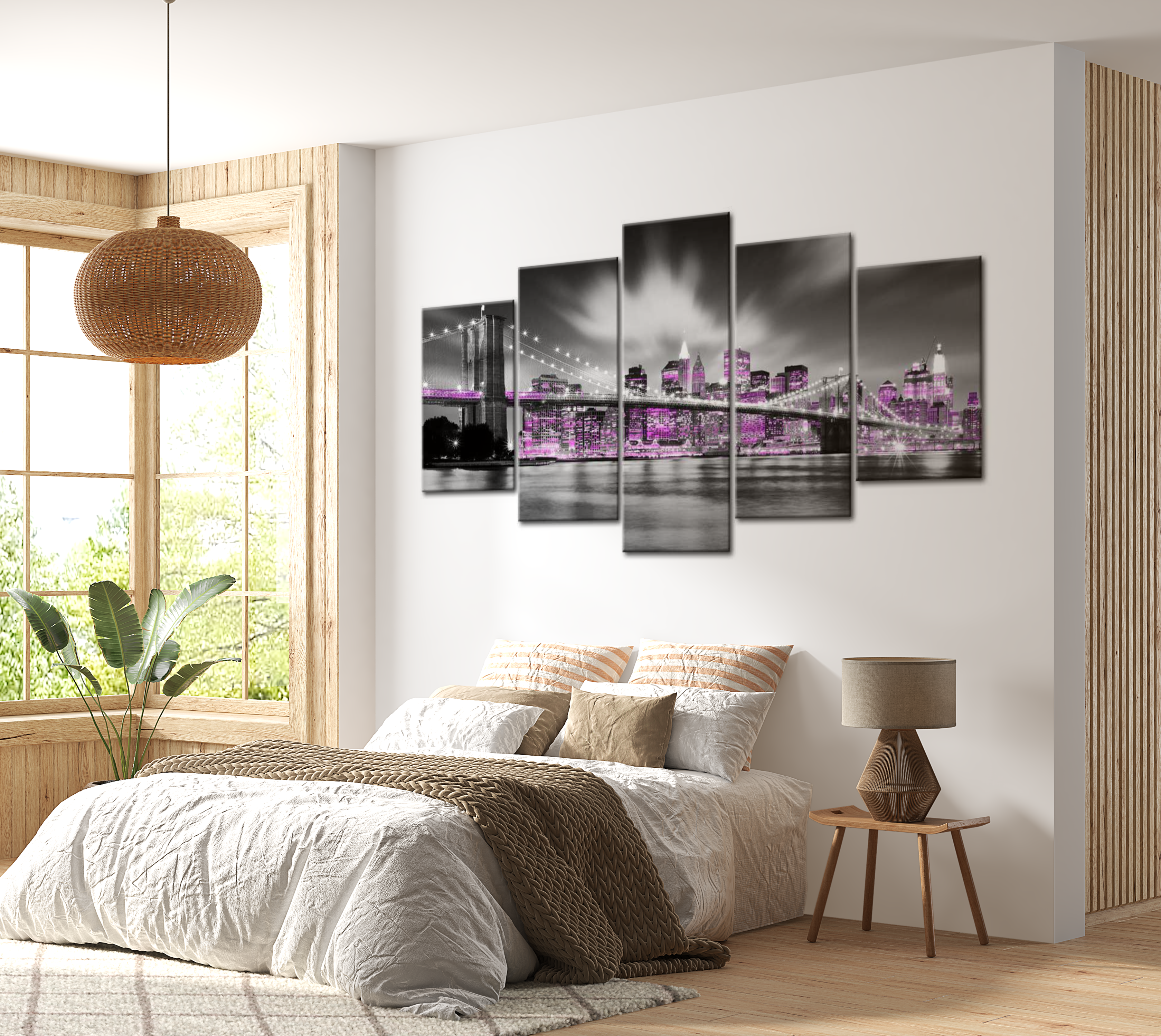 Stretched Canvas Wall Art - New York In Purple - 5 Pieces