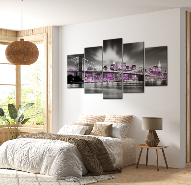 Stretched Canvas Wall Art - New York In Purple - 5 Pieces