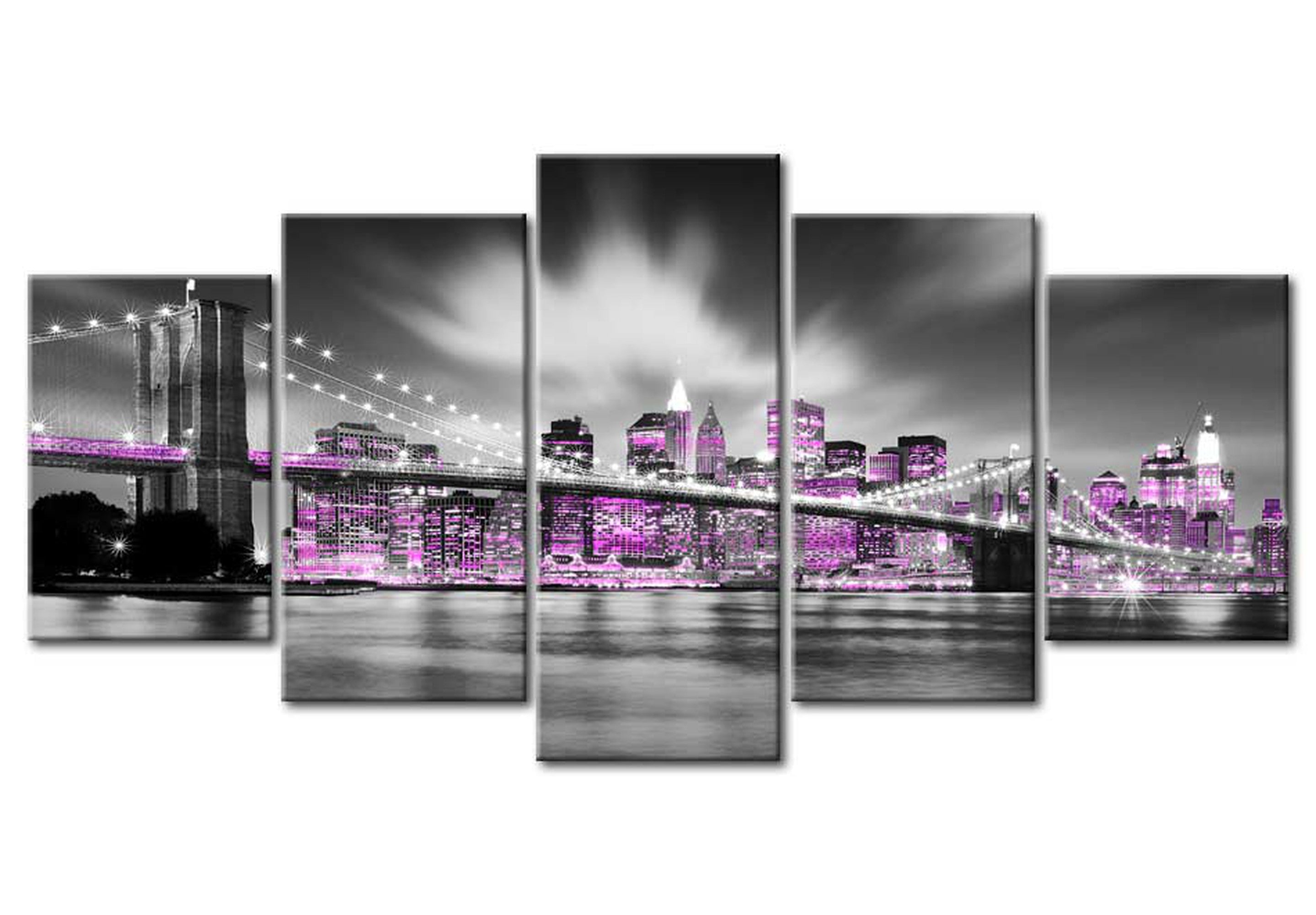 Stretched Canvas Wall Art - New York In Purple - 5 Pieces