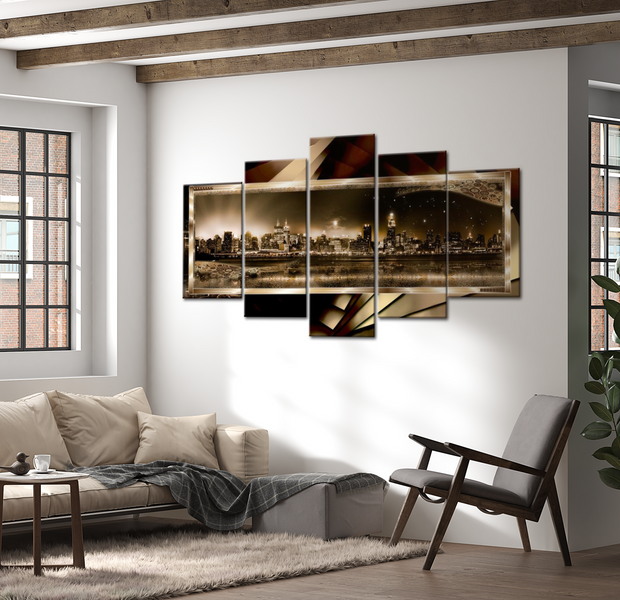 Stretched Canvas Wall Art - New York Night Sepia - 5 Pieces