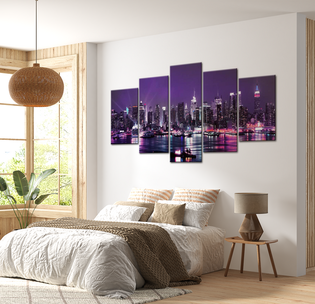 Stretched Canvas Wall Art - Purple Manhattan Sky - 5 Pieces