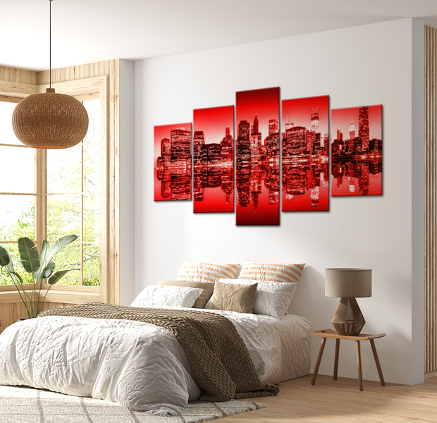Stretched Canvas Wall Art - Red Glow Over New York - 5 Pieces
