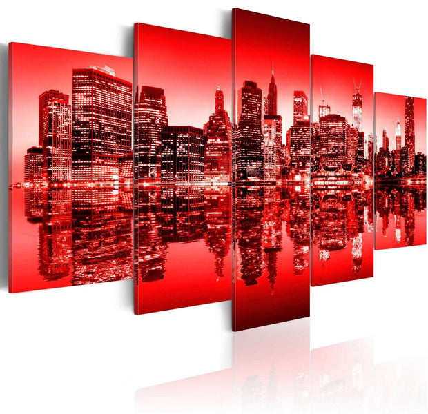 Stretched Canvas Places - Red Glow Over New York - 5 Pieces-Tiptophomedecor