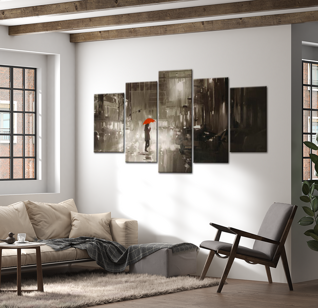 Stretched Canvas Wall Art - Red Umbrella - 5 Pieces