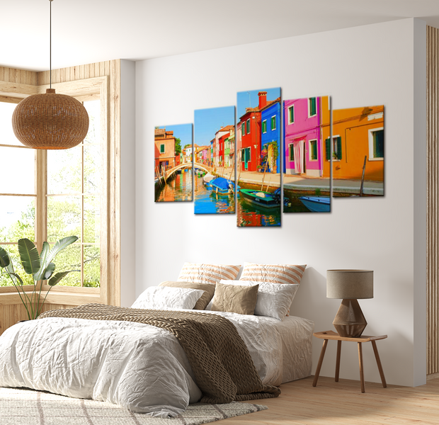 Stretched Canvas Wall Art - Tropical Waterfront Houses - 5 Pieces