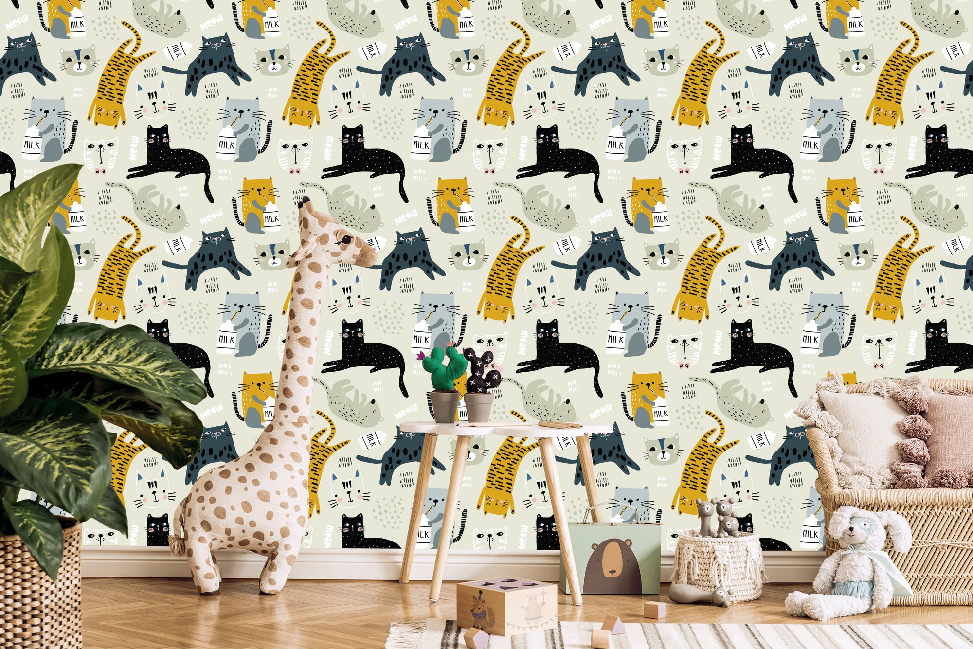 Wallpaper For Children - Lovely Cats - Scandinavian Style