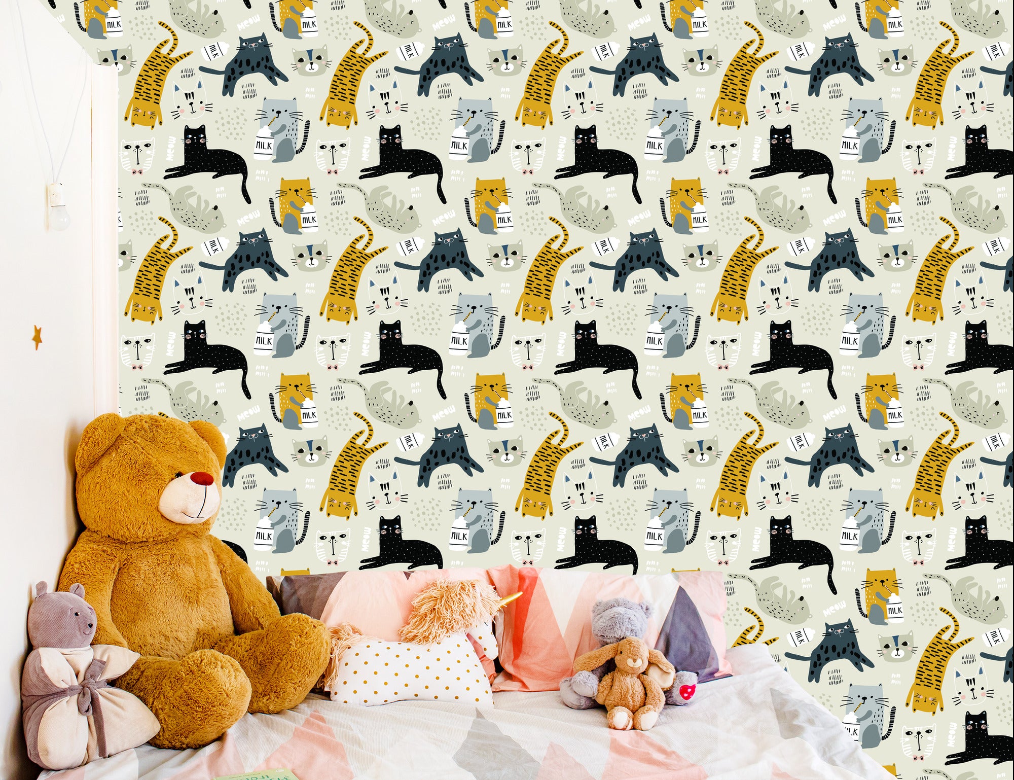 Wallpaper For Children - Lovely Cats - Scandinavian Style