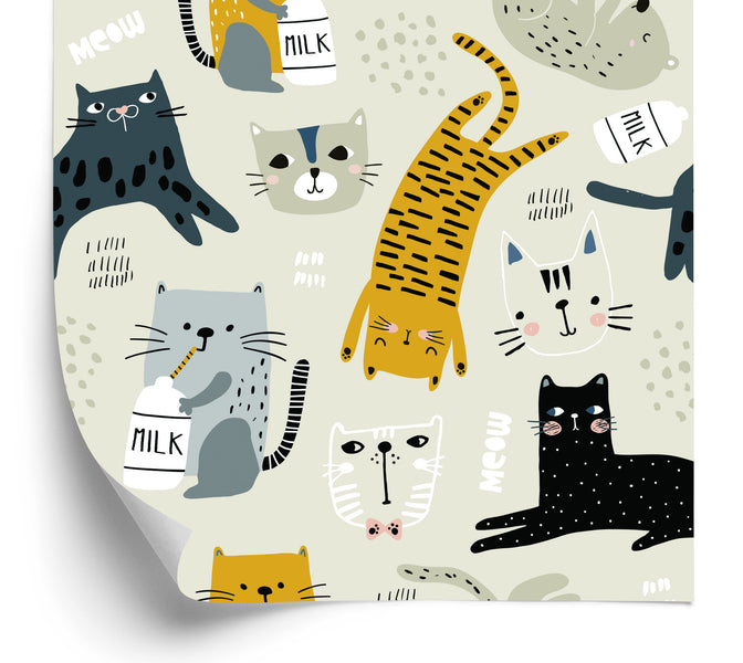 Wallpaper For Children - Lovely Cats - Scandinavian Style