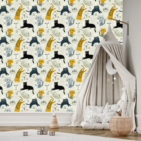 Wallpaper For Children - Lovely Cats - Scandinavian Style