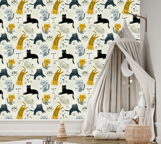 Wallpaper For Children - Lovely Cats - Scandinavian Style