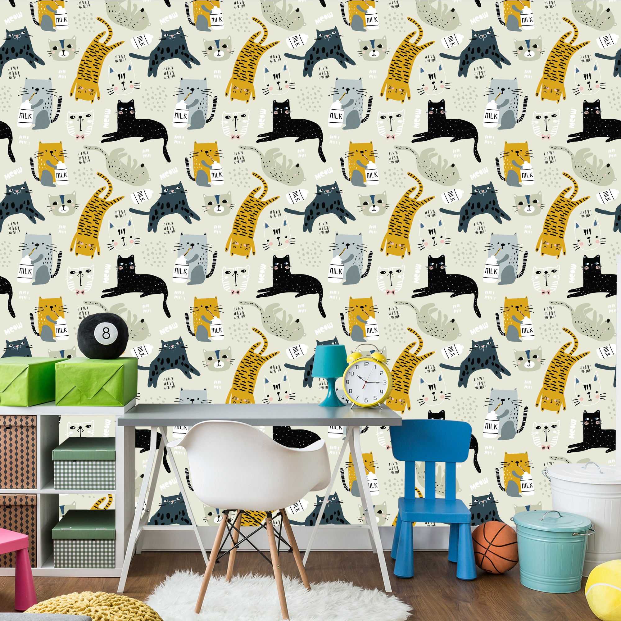 Wallpaper For Children - Lovely Cats - Scandinavian Style