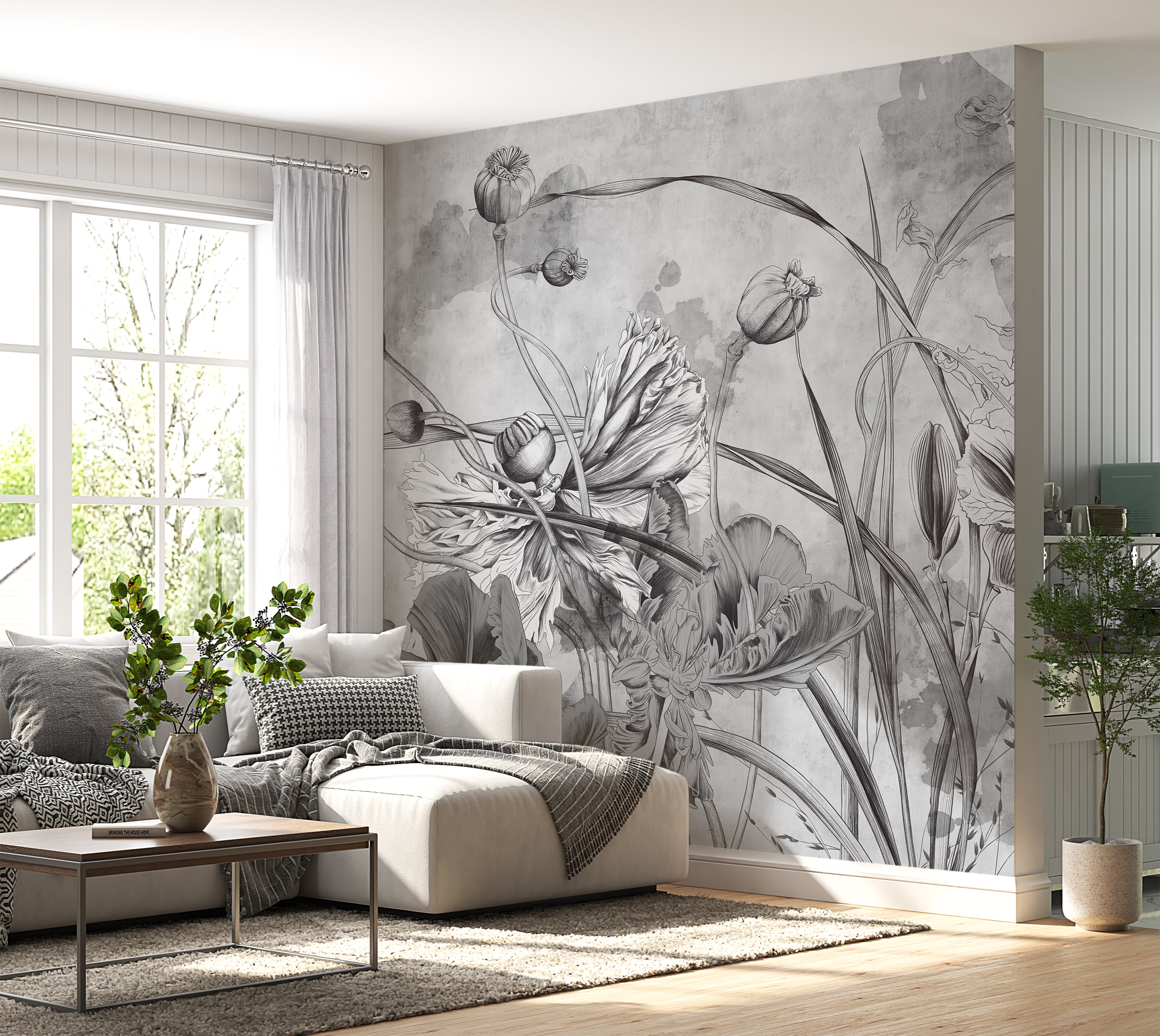 Premium Wallpaper Wall Mural - Grey Flower Symphony