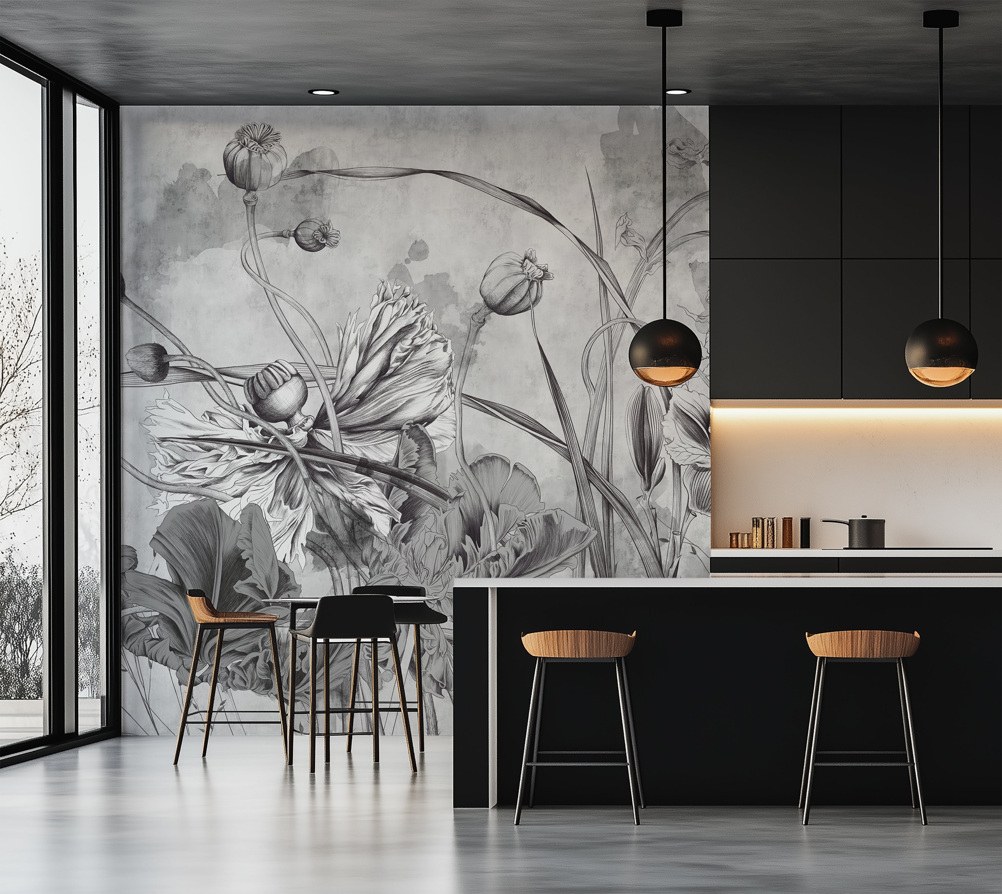 Premium Wallpaper Wall Mural - Grey Flower Symphony