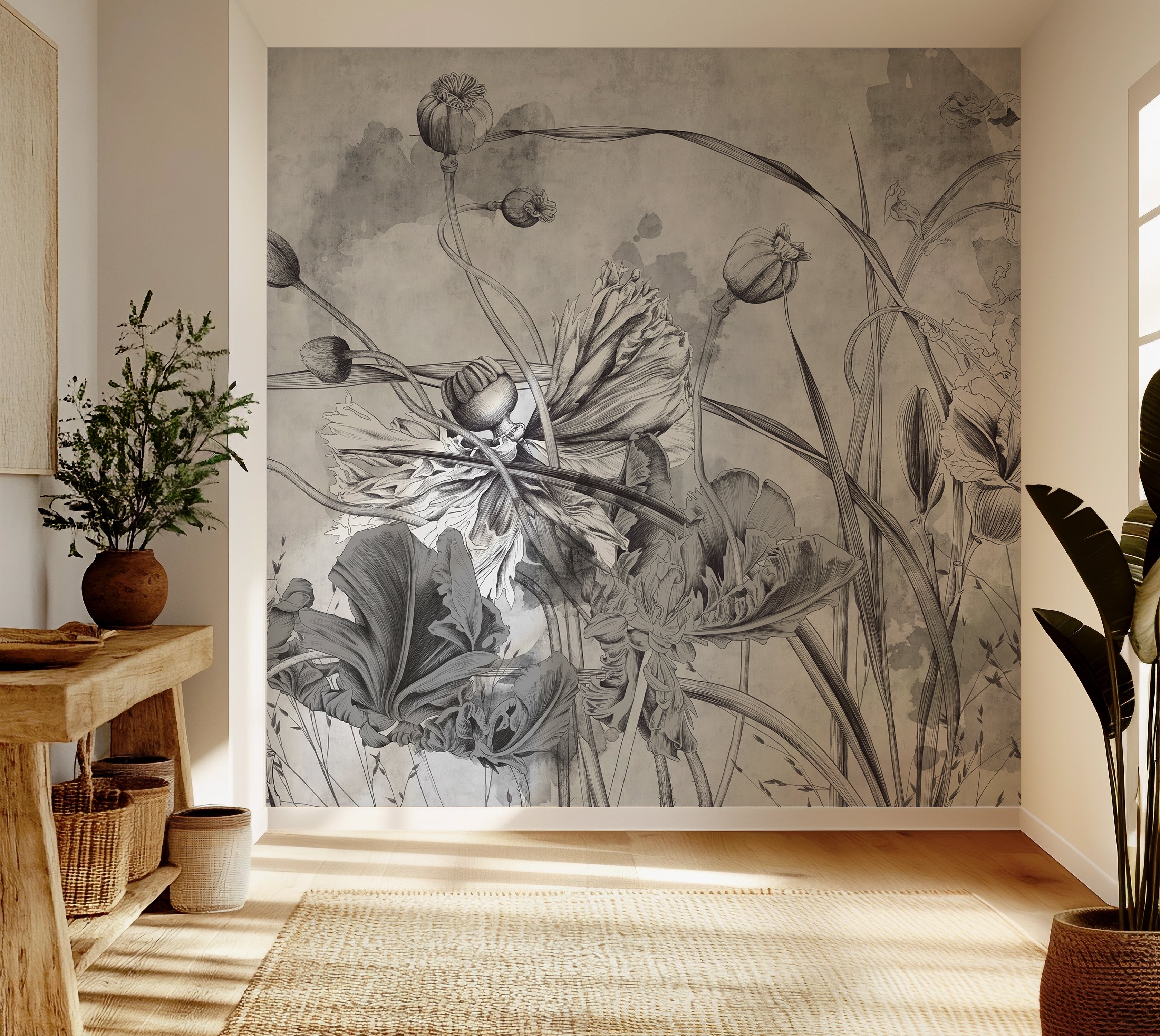 Premium Wallpaper Wall Mural - Grey Flower Symphony