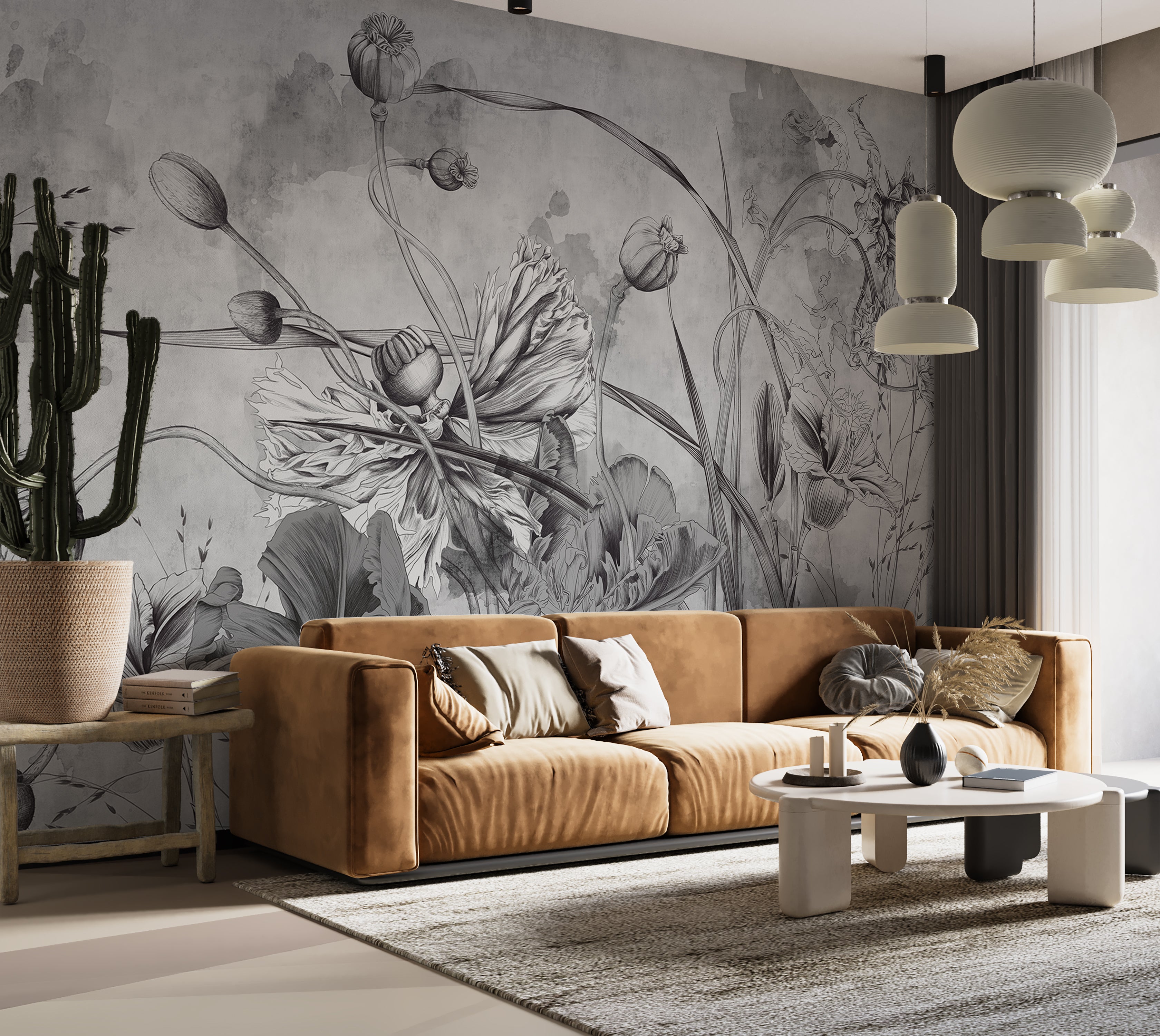 Premium Wallpaper Wall Mural - Grey Flower Symphony