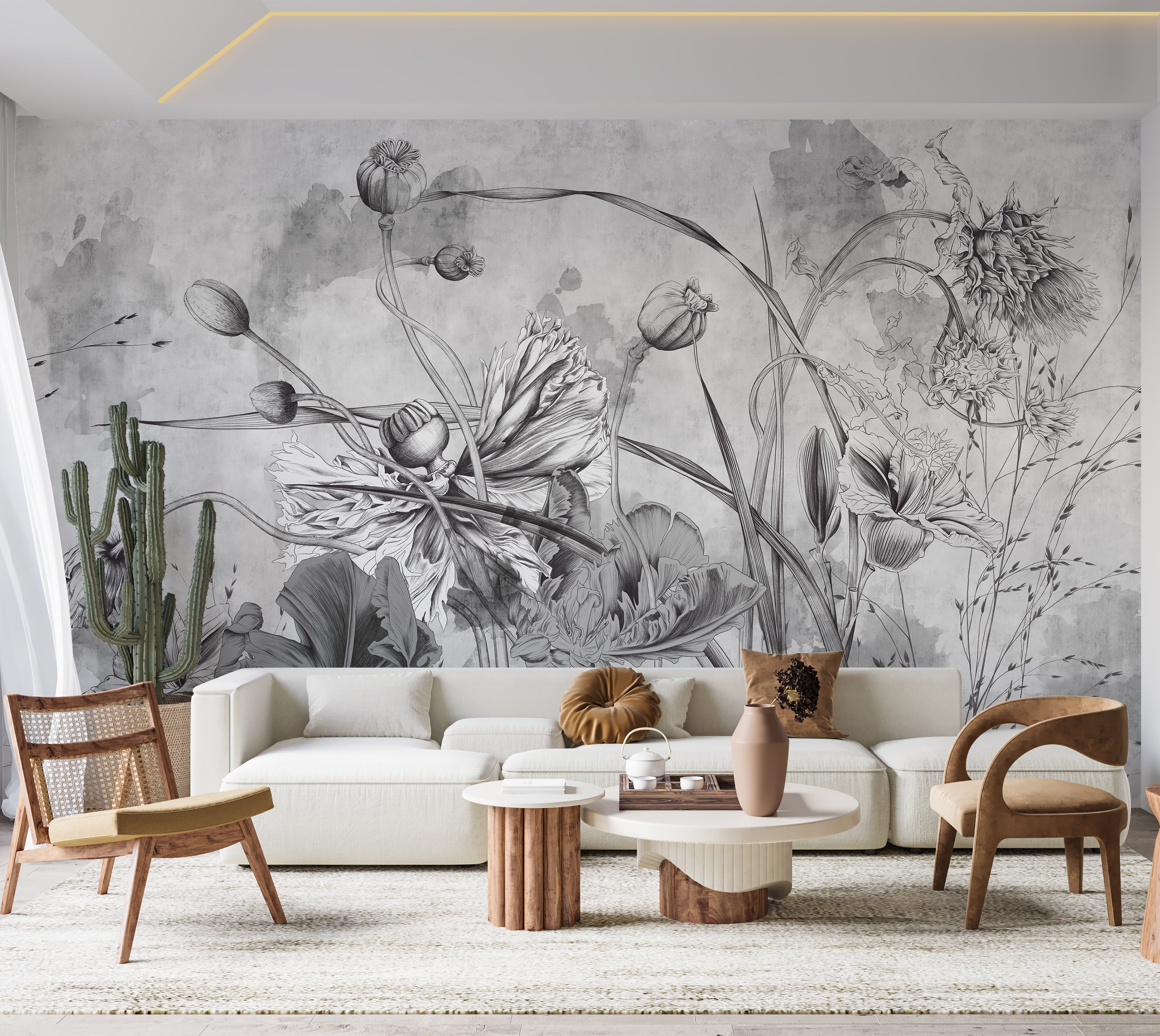 Premium Wallpaper Wall Mural - Grey Flower Symphony