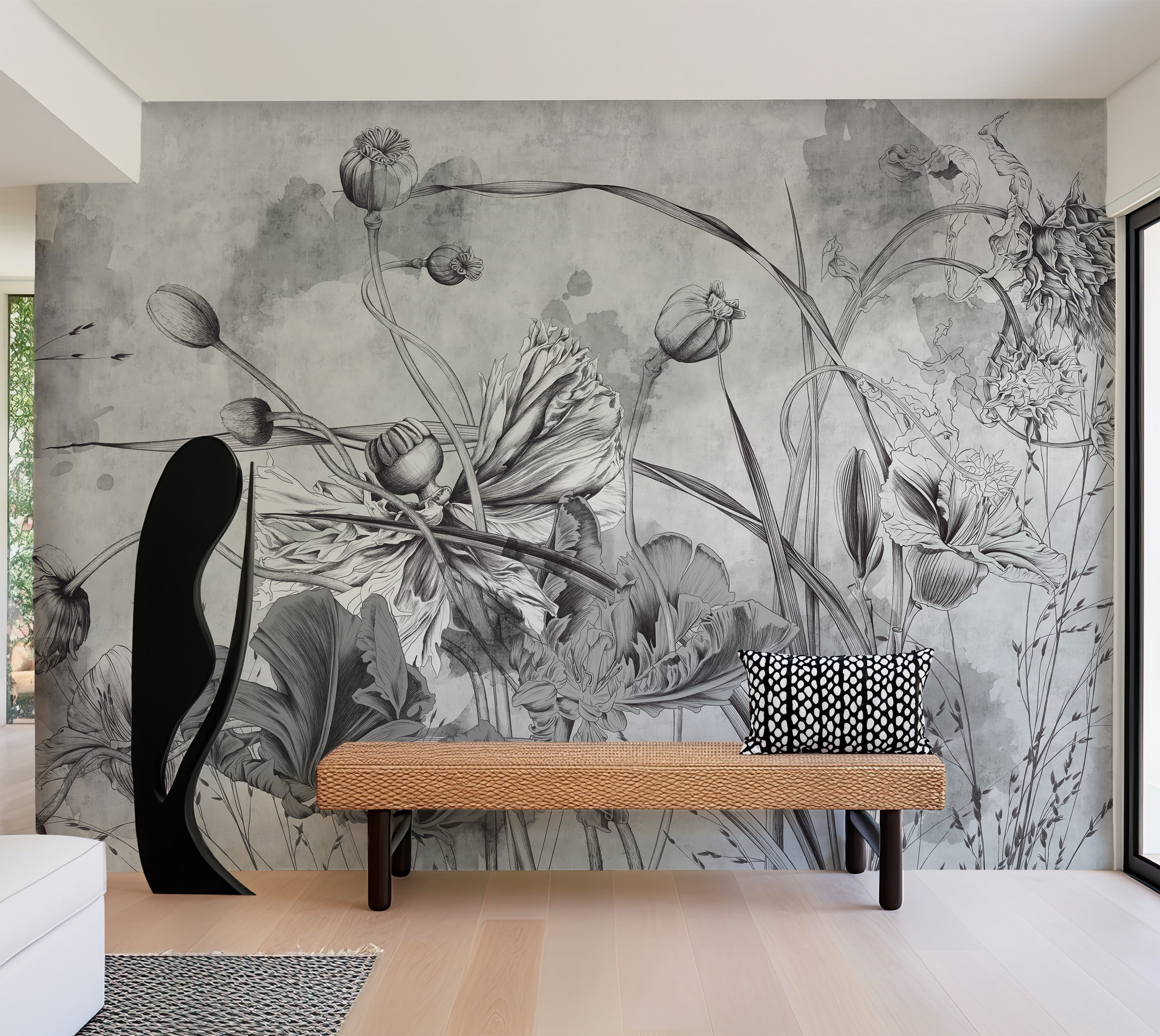 Premium Wallpaper Wall Mural - Grey Flower Symphony