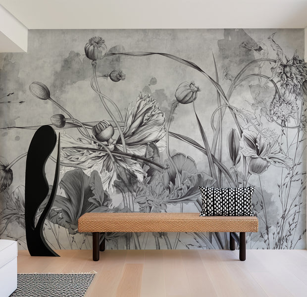 Premium Wallpaper Wall Mural - Grey Flower Symphony