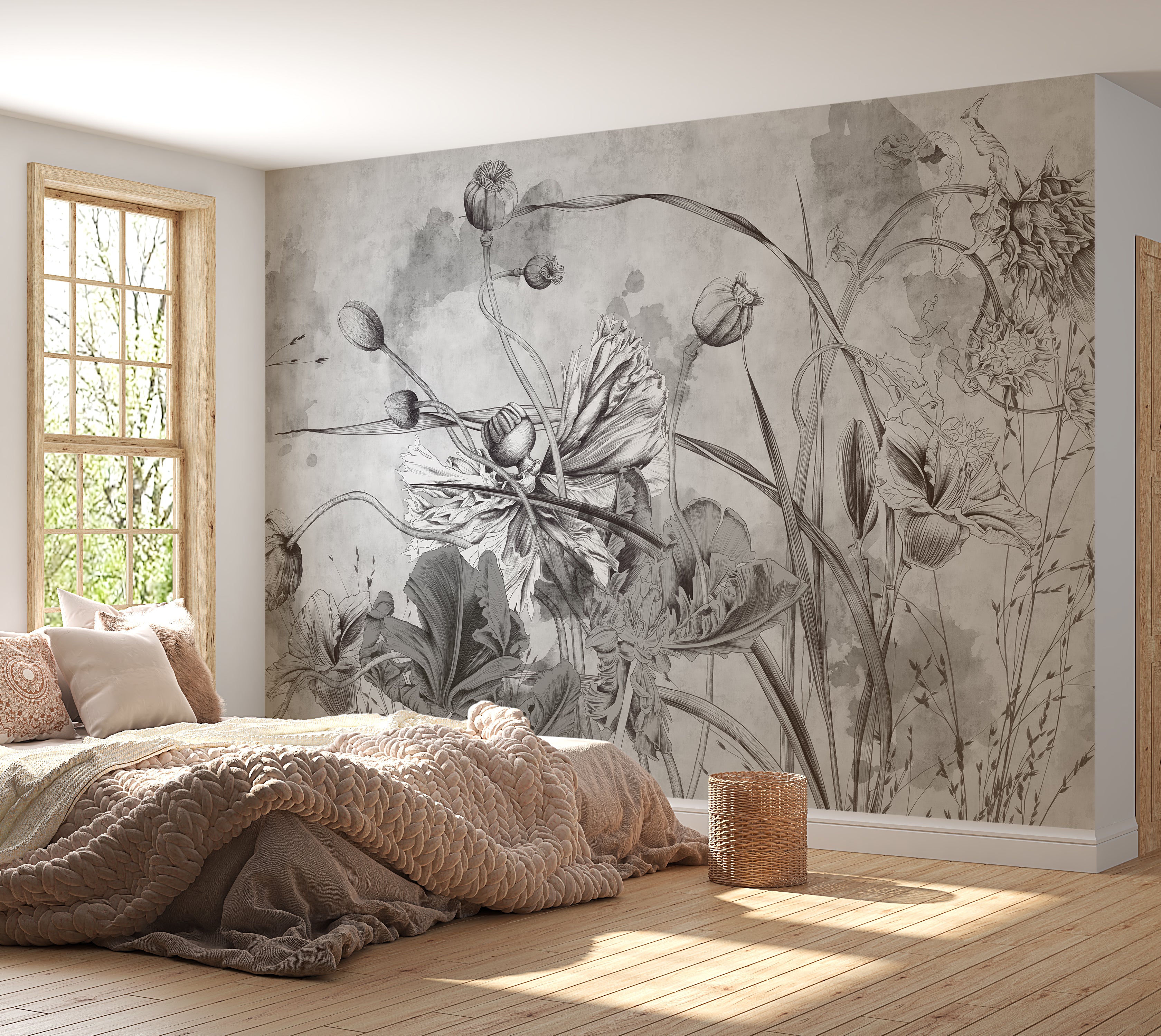 Premium Wallpaper Wall Mural - Grey Flower Symphony