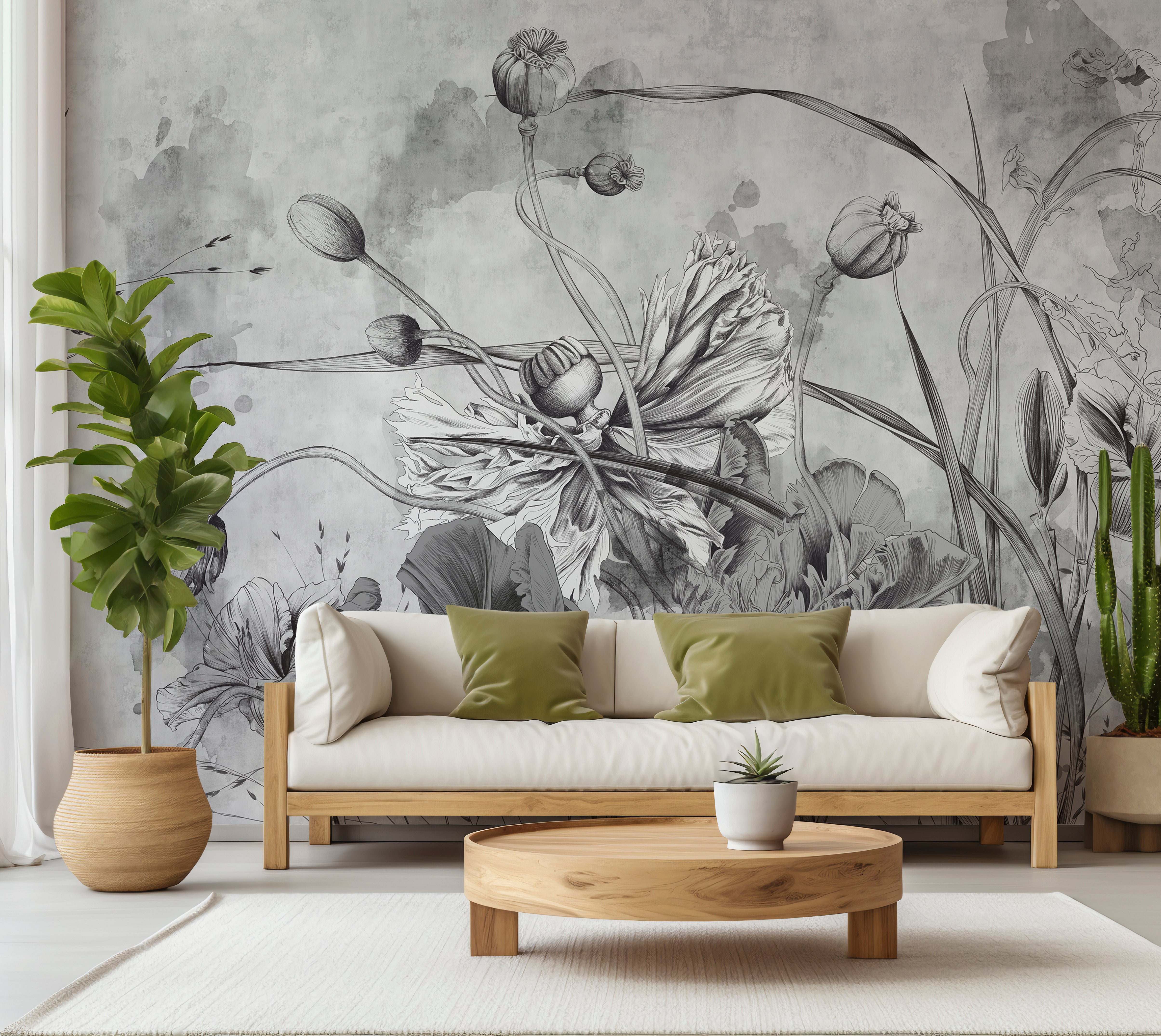 Premium Wallpaper Wall Mural - Grey Flower Symphony