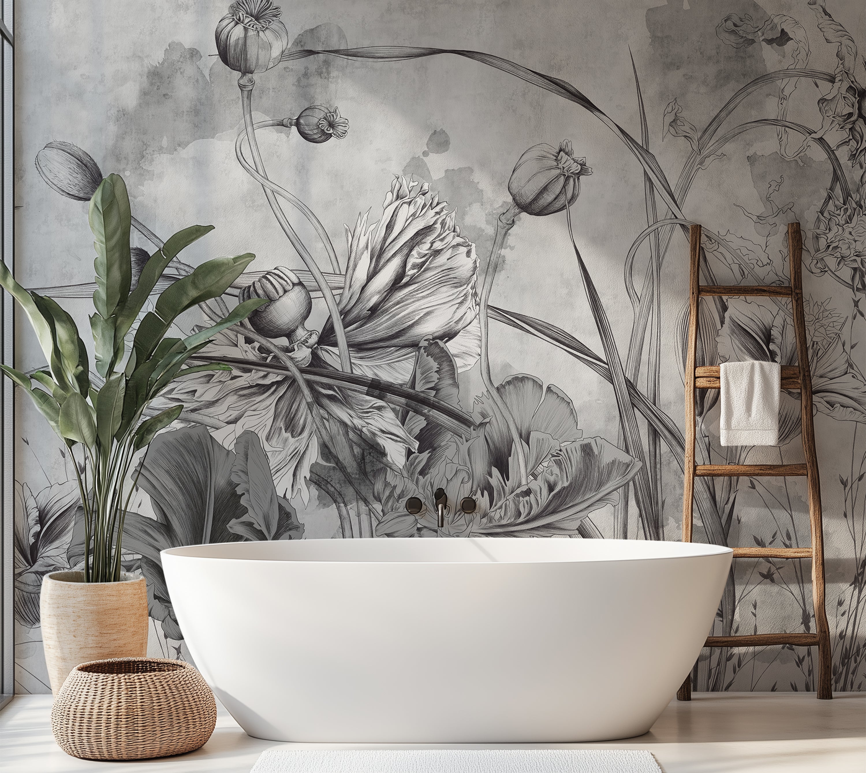 Premium Wallpaper Wall Mural - Grey Flower Symphony